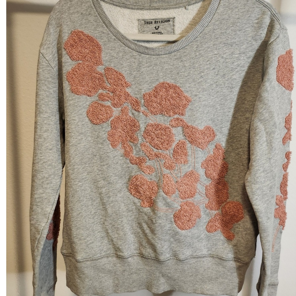 True Religion Womens Gray Floral Embellished Sweatshirt Medium M